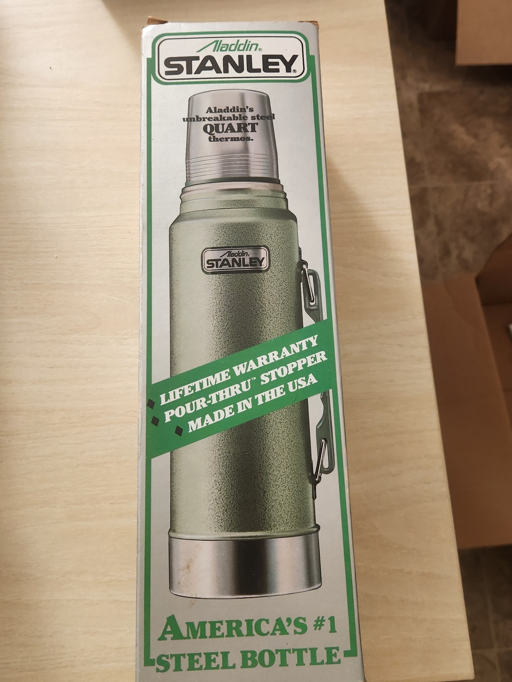 1988 Stanley Green Vacuum Thermos Bottle with Stainless Accents